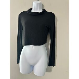 J USA Black Long Sleeve Cowl Neck Cropped Top Women's